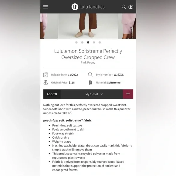 Lululemon Softstreme Perfectly Oversized Cropped Crew Pink Peony Size 10 - Picture 3 of 8